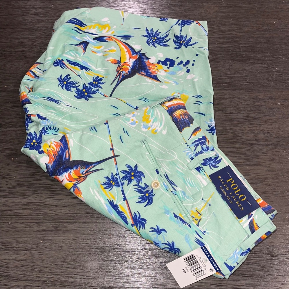 Polo Ralph Lauren Mens 42 Blue Classic Fit 10" Tropical Marlin Fishing Shorts
